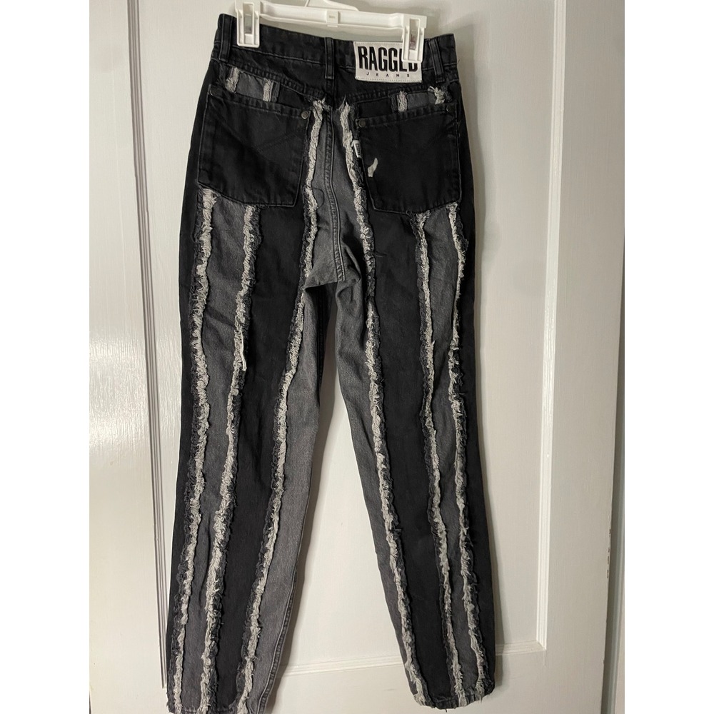 Ragged Jeans Black Gray High Waisted Distressed Stripe Punk Rock Denim - Picture 2 of 3